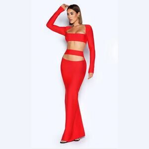 Posh Mia Amira Bandage Crop Top Long Sleeves Maxi Skirt Set Red Size XS